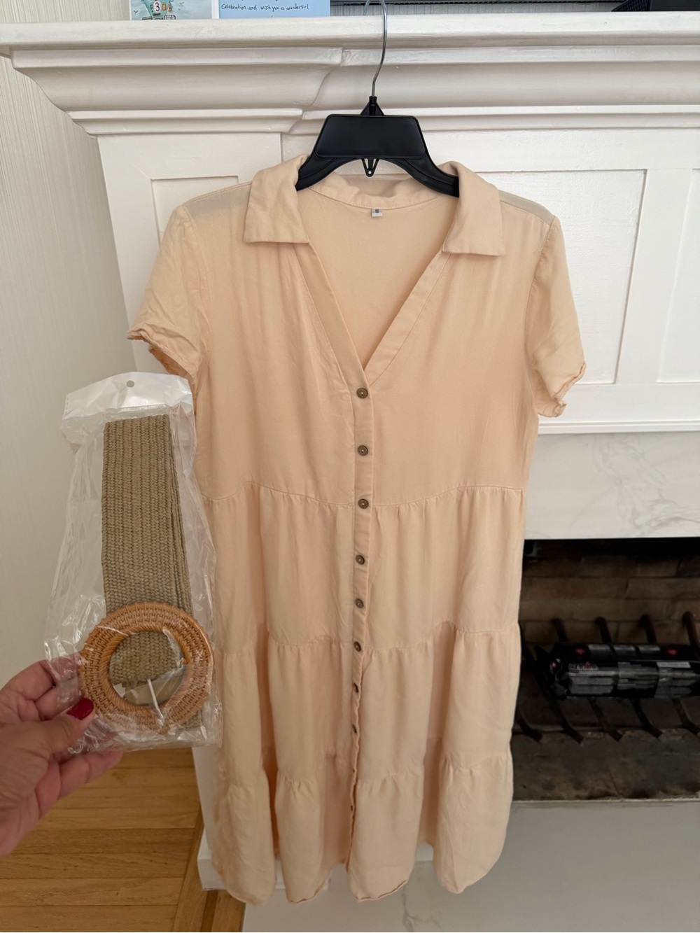 Short Button-Front Tiered Dress in Light Peach